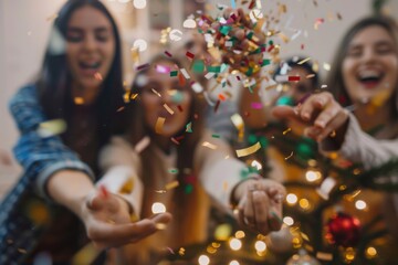 Wall Mural - Blurred group of people partying and blowing confetti on a new year's night Cheerful friends gathered together celebrating a new year at home with a decorated Christmas tree.