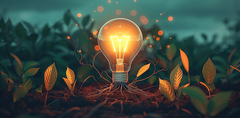 Poster - Bright light bulb with roots, ideas taking root and growing, flat design illustration. Generative AI.