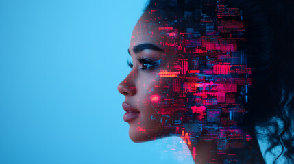 Poster - Futuristic woman's face merged with digital code, symbolizing AI and technology