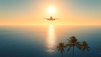 Wall Mural - Airplane flying above calm sea and palm trees in clear sunset sky with sun rays. Concept of traveling, vacation and travel by air transport. Beautiful sky background isolated with white highlights, 