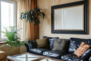 Poster - A cozy living room with a modern black leather sofa and a glass coffee table