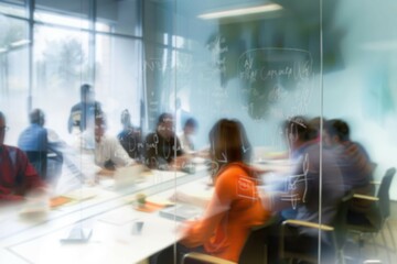 Wall Mural - Corporate Meeting in a Conference room A business meeting in an office conference room shot through the glass wall from the corridor with the attendees blurred.