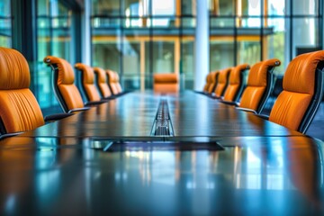 Poster - Conference room setup with modern furniture, ideal for business meetings and presentations