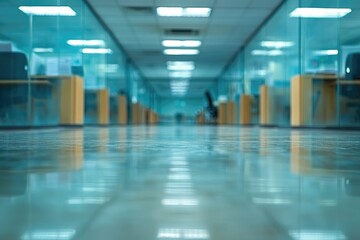 Poster - A Blurry View of a Clean and Modern Office Hallway with Glass Partitions