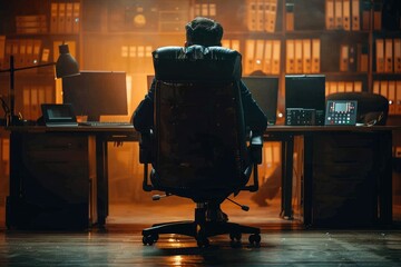 Poster - a man sitting in an office chair facing away from the camera