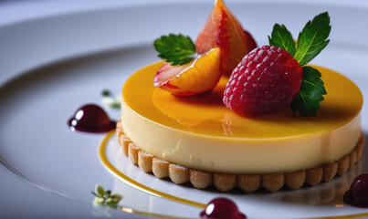 A delicious dessert with a mango glaze, topped with fresh fruit and a mint sprig, is ready to be enjoyed