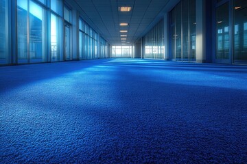 Poster - Blue Carpet Hallway with Glass Walls and Sunlight