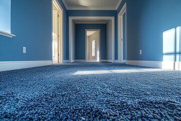 Poster - Blue Carpeted Hallway with Multiple Doors and Windows
