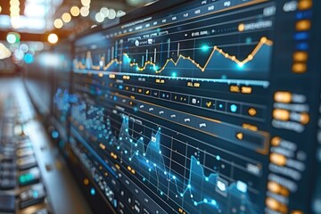 Poster - Close-up of a computer monitor displaying financial data with graphs and charts