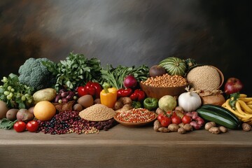 Wall Mural - Global Harvest Table: A large wooden table filled with a variety of fresh produce from around the world--fruits, vegetables, grains, and legumes