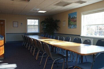 Poster - Empty Conference Room with a Long Wooden Table and Black Chairs