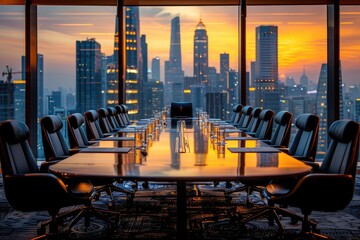 Poster - Empty Conference Room with a City Skyline View at Sunset