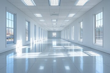 Poster - Empty corridor with tiled floor and windows reflecting sunlight.