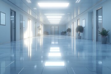 Poster - Empty Hallway with Shiny Floor and Doors