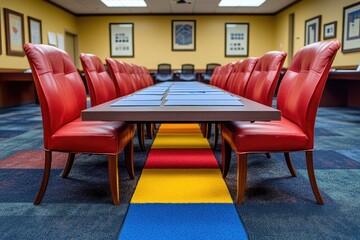 Poster - Empty Meeting Room with Red Leather Chairs and a Wooden Table