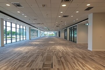 Poster - Empty Modern Office Space with Large Windows and Wood-Look Flooring