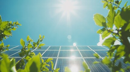 Solar Panel Array, Blue Sky, Green Leaves Renewable Energy for a Sustainable Future.