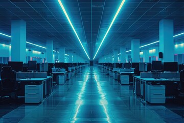 Poster - Empty Office Space with Blue Neon Lights and Desks