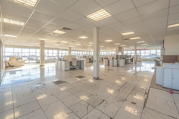 Poster - empty office space undergoing construction with cracked tiles and windows