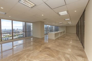 Poster - Empty Office Space with City View and Marble Flooring