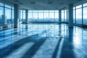 Poster - Empty Office Space with City View and Shiny Floor