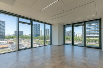 Poster - Empty Office Space with City View Through Large Windows