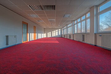 Poster - Empty Office Space with Red Carpet and Sunlight Streaming Through Windows