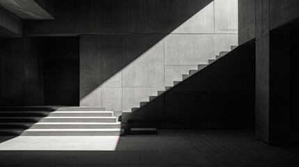 Fototapete - A compelling photograph of a staircase dramatically illuminated by a single beam of light, emphasizing the stark contrast and the play of light and shadow in a minimalist space.