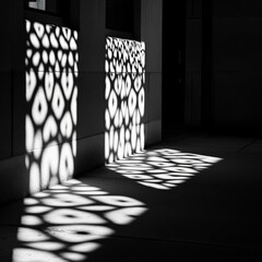 Poster - Intricate geometric patterns of light and shadow created by a decorative screen on an exterior wall evoke a sense of artistic elegance and architectural precision.