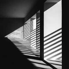 Leinwandbilder - Monochrome photograph capturing alternating bands of light and shadow through vertical window openings, creating a mesmerizing abstract pattern of lines and angles.