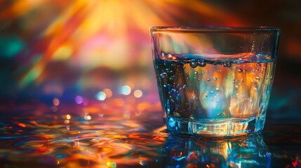 An image of a glass of water surrounded by dreamy, colorful lights. The reflections and bokeh effect create an ethereal and magical atmosphere that inspires wonder and tranquility.