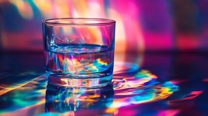 Poster - This image shows a glass of water on a table with prismatic light effects creating vibrant, rainbow-like reflections that represent the interplay of light, color, and transparency.
