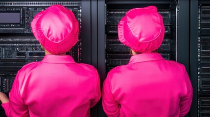 Workers in a factory assembling computer servers, with an emphasis on connectivity and modern technology, server assembly, tech infrastructure