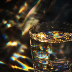 Poster - A glass of water featuring a gleaming array of radiant light reflections, producing captivating patterns and a shimmering display of colors and liquid movement.