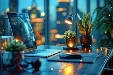 Poster - laptop and desk with cityscape view at night
