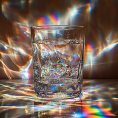 Poster - An artistic photograph capturing the beauty of prismatic light refractions as they pass through a glass of water, creating a tranquil and colorful scene.