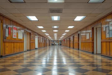 Poster - Long Hallway With Checkerboard Floor And Wood Paneling