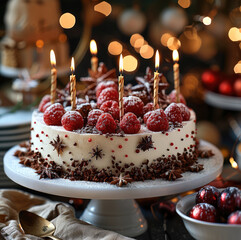 Poster - New Year background, a New Year cake on the table. Generative AI.