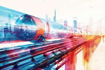 Canvas Print - A train travels through a city surrounded by tall buildings