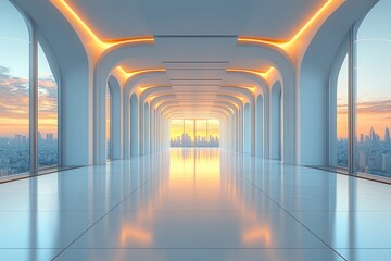Poster - Modern Architectural Corridor with Cityscape View at Sunset