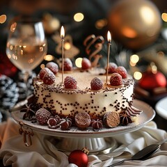 Poster - New Year background, a New Year cake on the table. Generative AI.
