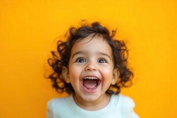 Aufkleber - A cheerful young child with curly hair beams with happiness, radiating joy in front of a vivid yellow backdrop. Generative AI