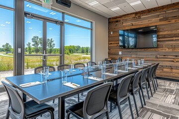 Poster - Modern Conference Room with Large Windows and a Wooden Wall