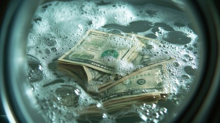 Landscape shot of piles of dollar bills soaked and submerged in water, creating bubbles around them, illustrating a literal interpretation of money laundering.