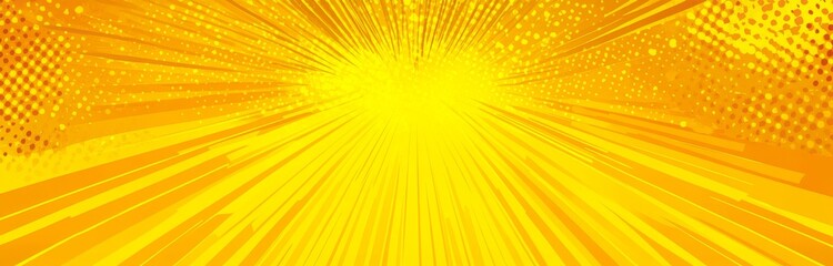 Wall Mural - Yellow pop art background with halftone dots and rays of light.