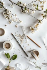 Poster - A minimalist setup for a relaxing moment featuring a white table, flowers, and a cup of coffee