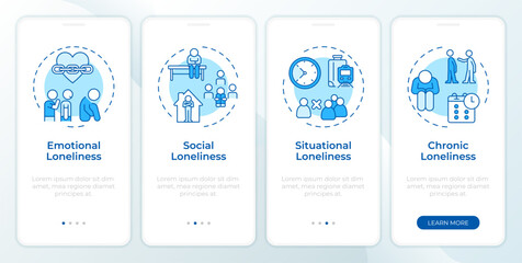 Wall Mural - Types of loneliness blue onboarding mobile app screen. Walkthrough 4 steps editable graphic instructions with linear concepts. UI, UX, GUI template. Montserrat SemiBold, Regular fonts used