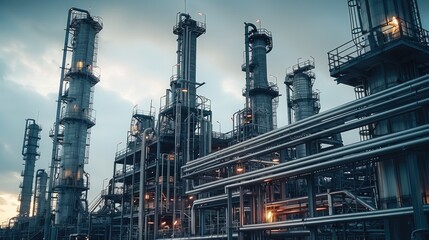 Fototapete - Factory architecture refinery. Manufacturing of petroleum, Products tank in petrochemical plant. Generative AI.