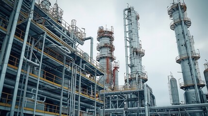 Fototapete - Factory architecture refinery. Manufacturing of petroleum, Products tank in petrochemical plant. Generative AI.