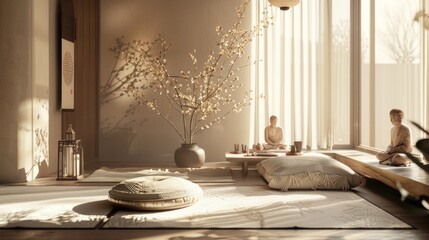 Poster - A cozy living room with a large window and a Buddha statue, perfect for interior design or wellness-themed projects